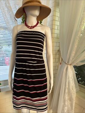 White House Black Market Black, White & Pink Strapless Stripe Dress